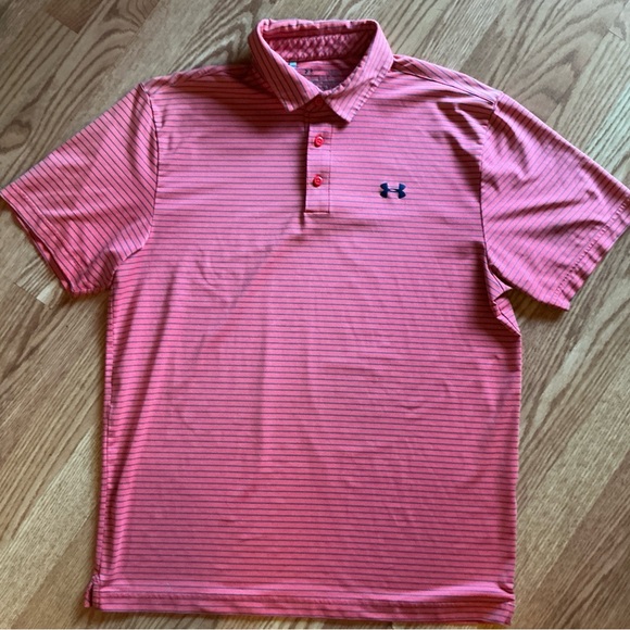 Under Armour Men's Coral Striped & Blue Stripe Short Sleeve Polo Shirt SZ Large - Picture 1 of 7